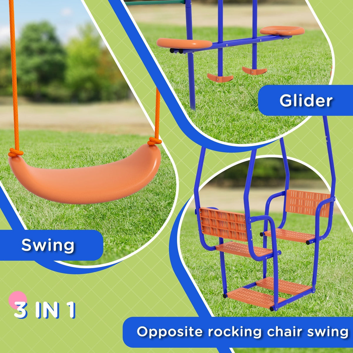 Close up views of the swing, glider and rocking chair swing components of the kids metal swing set