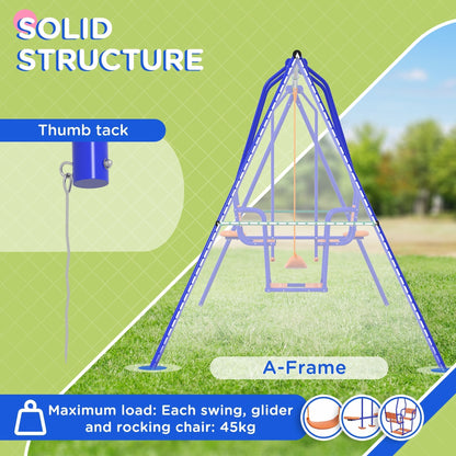 Close up of the A-frame structure of the kids metal swing set, showing maximum load