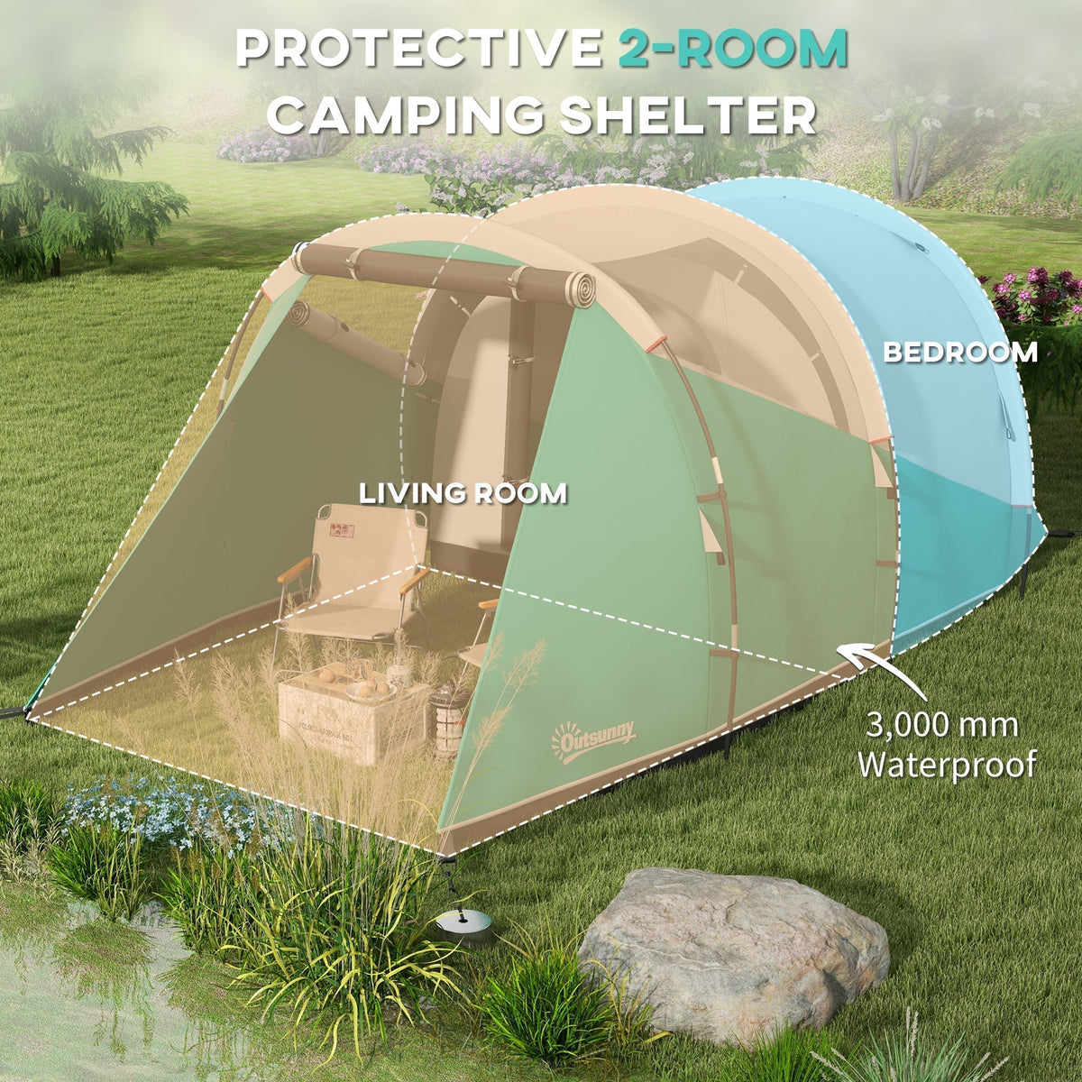 The two-room tent highlighted to show the separate living and bedroom areas on a grassy lawn