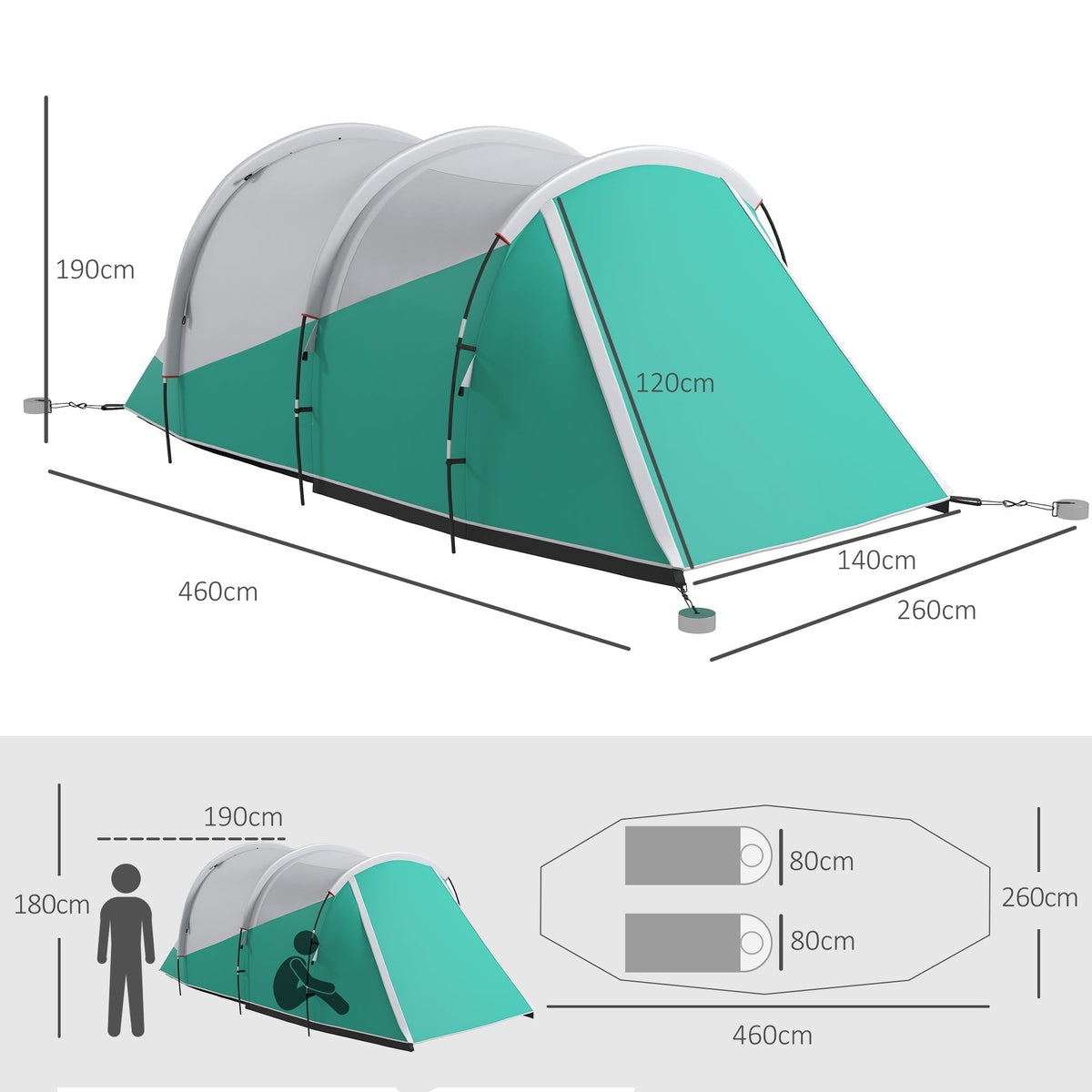 the tunnel tent with technical lines and labels showing height and width measurements