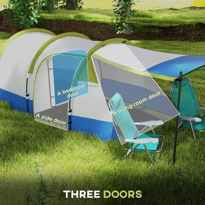 The camping shelter shown with three doors, indicating the bedroom, living room, and side entrances