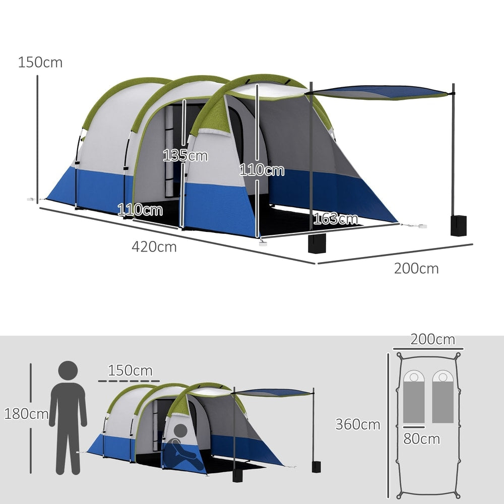 Diagram showing the dimensions of the two-room tent and its sleeping capacity
