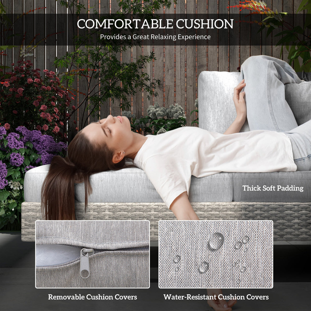 The rattan furniture cushions shown with a person relaxing and details of the fabric covers