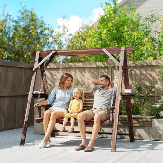 The wooden swing bench in a garden setting with a family sitting on it and relaxing together