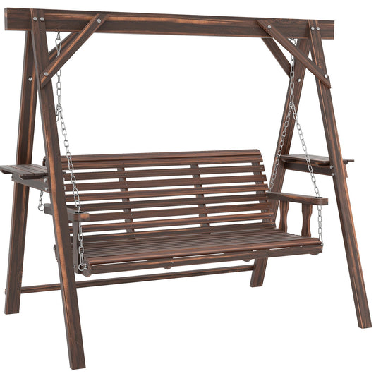 Outsunny Three-Seater Wooden Swing Bench with side tables and metal chains against a white background