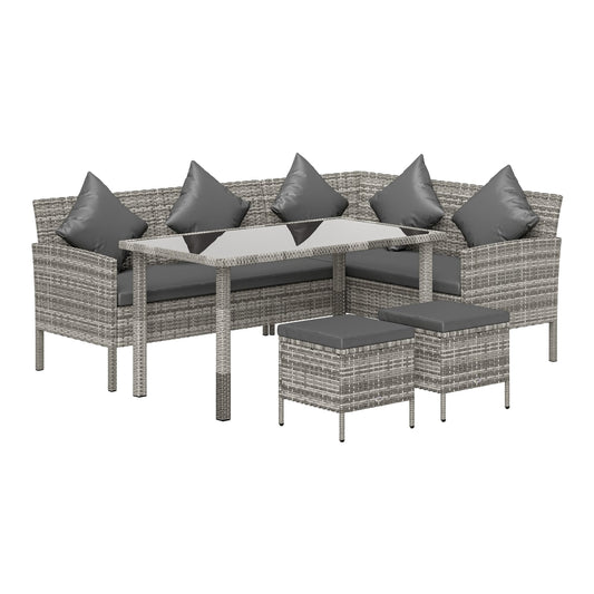Outsunny Tsunny 6-Seater Rattan Dining Set Sofa Table Footstool in Dark Grey