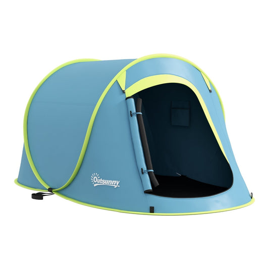 Outsunny Two-Man Pop-Up Dome Tent in blue with a lime green trim and an open front entrance