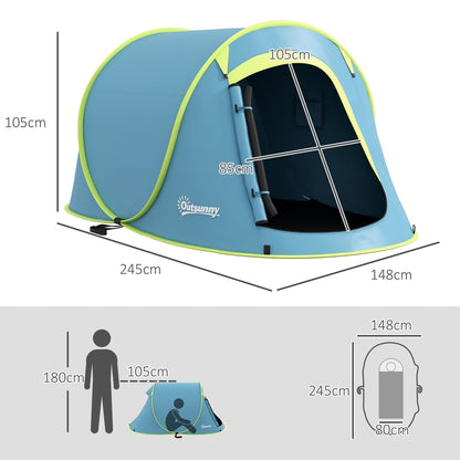 The dome tent shown with technical lines indicating its external dimensions and floor space