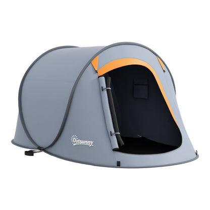 Outsunny Two-Man Pop-Up Dome Tent in grey with orange trim, shown from the front with the door open