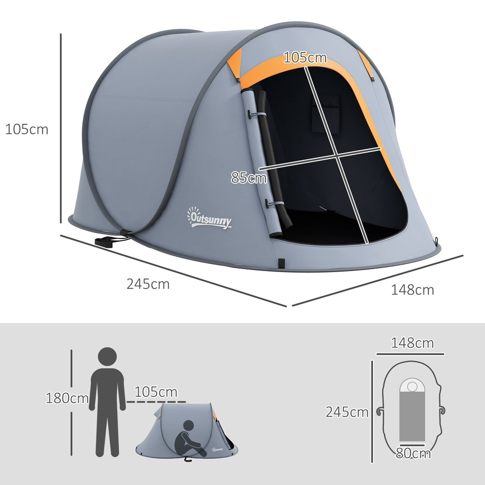 Diagram showing the dimensions of the pop-up dome tent and a person for scale