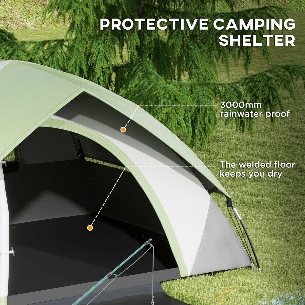 Close up of the inside of the green and grey camping tent showing the waterproof floor and entrance