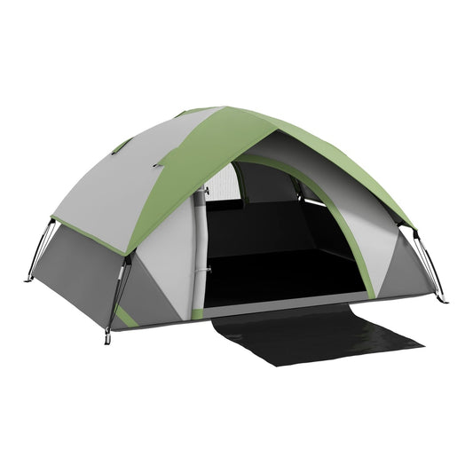 Outsunny Two Man Single Room Dome Tent, a green and grey dome tent with an open door and groundsheet