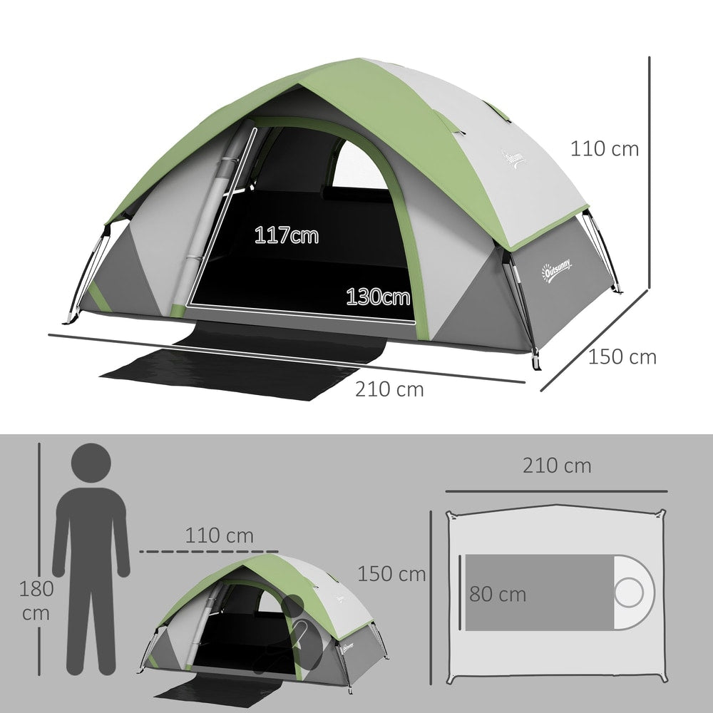 A size diagram showing the dimensions of the green and grey camping tent and a person for scale