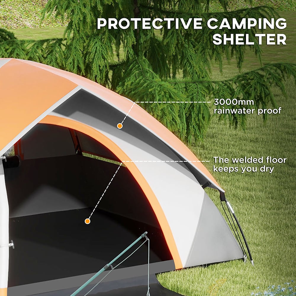 Close up of the orange and grey camping shelter showing the waterproof floor and entrance