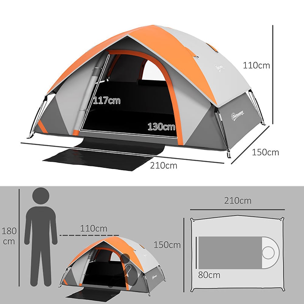 Size diagram for the orange and grey two man tent with dimensions and a person silhouette