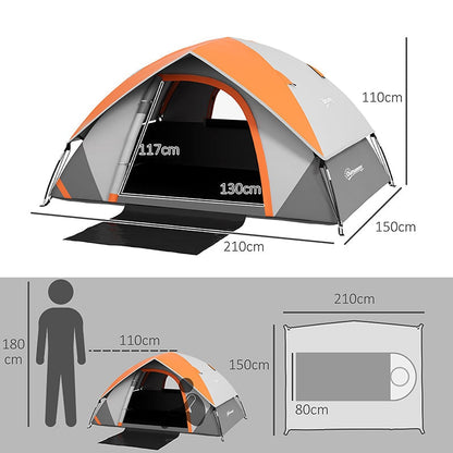 Size diagram for the orange and grey two man tent with dimensions and a person silhouette