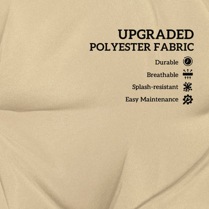 Close up of the khaki bench cushion fabric with text 'Upgraded Polyester Fabric