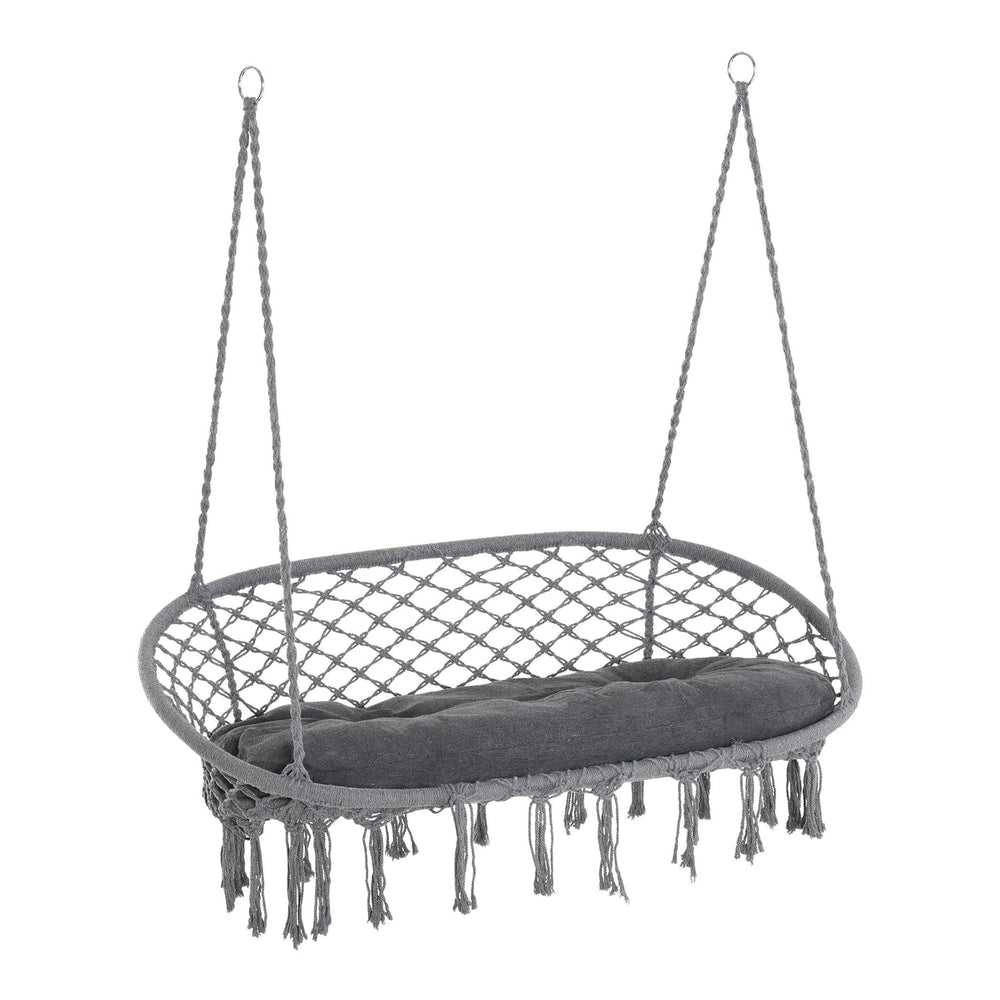 Outsunny Two-Seater Boho Macrame Hammock Swing in grey with a padded cushion and fringed edges