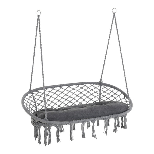 Outsunny Two-Seater Boho Macrame Hammock Swing in grey with a padded cushion and fringed edges