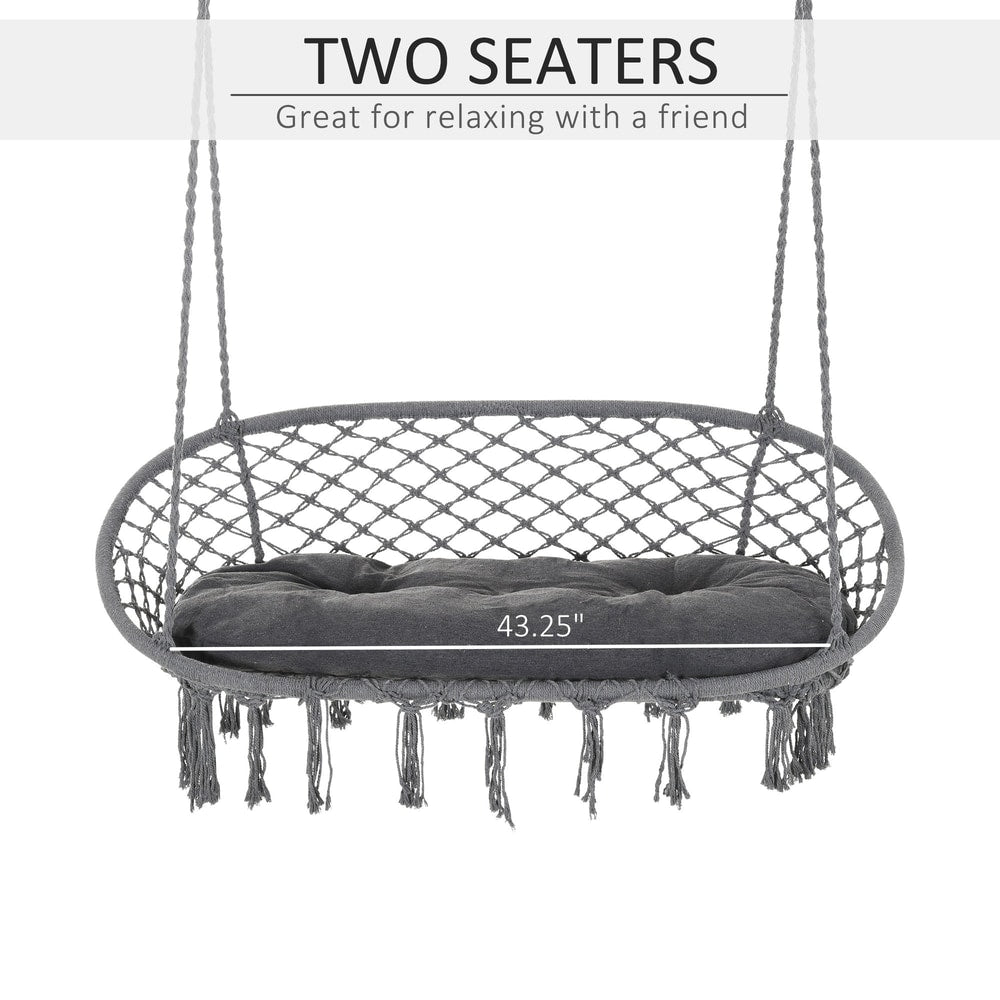 Grey two-seater macrame hammock swing with width shown in inches