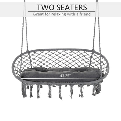 Grey two-seater macrame hammock swing with width shown in inches