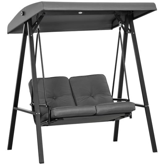 Outsunny Two-Seater Garden Swing Bench, a dark grey metal frame with a grey canopy and two grey seat cushions