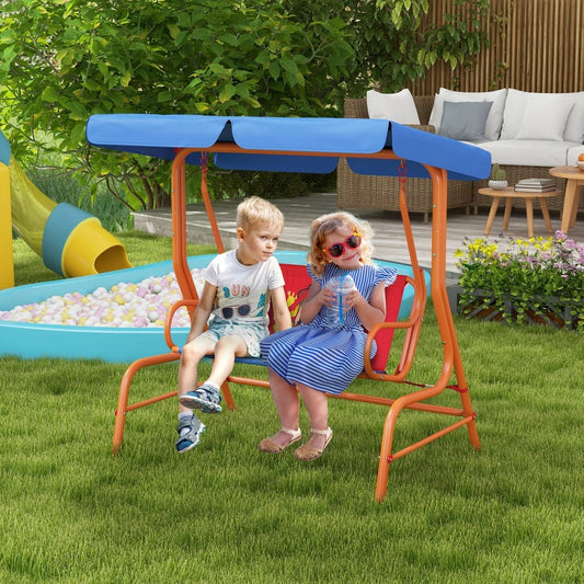 Two children sitting on the cowboy themed kids garden swing chair outdoors
