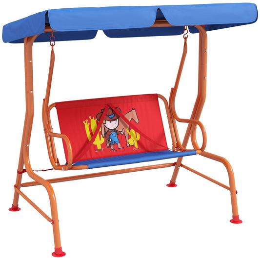 Outsunny Two Seater Kids Garden Swing with blue canopy and cowboy themed seat