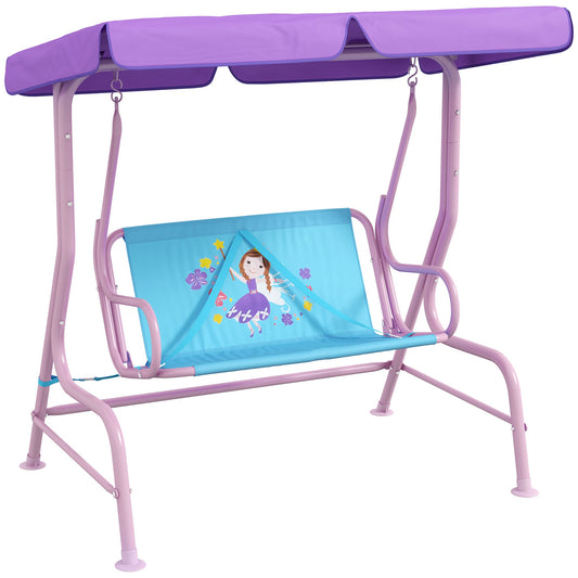 Outsunny Two Seater Kids Garden Swing with a purple canopy and fairy themed blue seat
