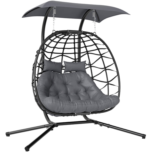 Outsunny Two-Seater Rattan Egg Chair with grey cushions and a black frame