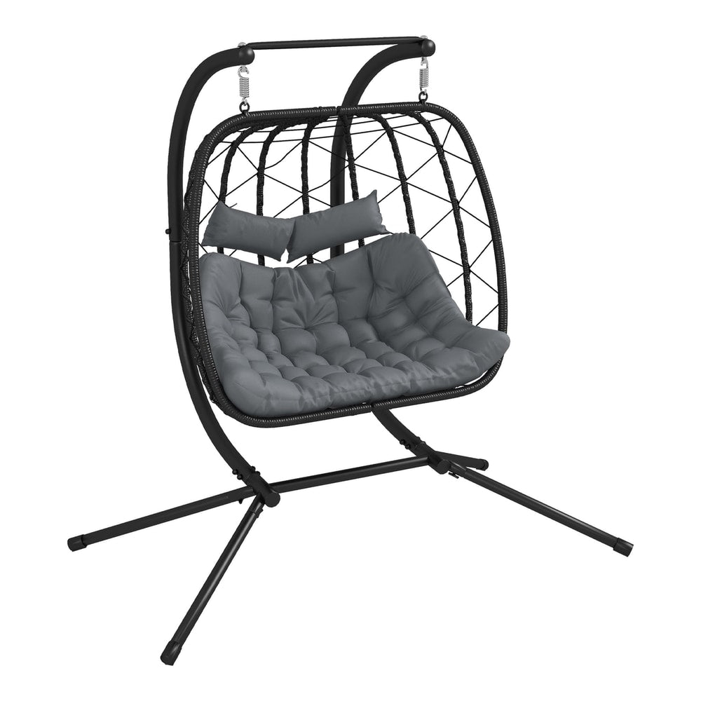 Outsunny Two-Seater Steel Frame Hanging Egg Chair in black with grey cushions