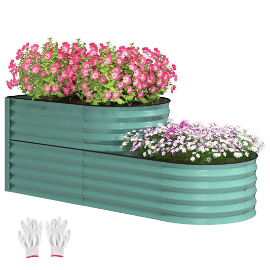 Outsunny Two-Tier Galvanised Steel Garden Planter with two pairs of white gardening gloves