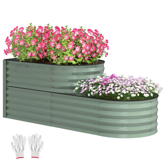 Outsunny Two-Tier Galvanised Steel Garden Planter filled with pink and white flowers and two gloves