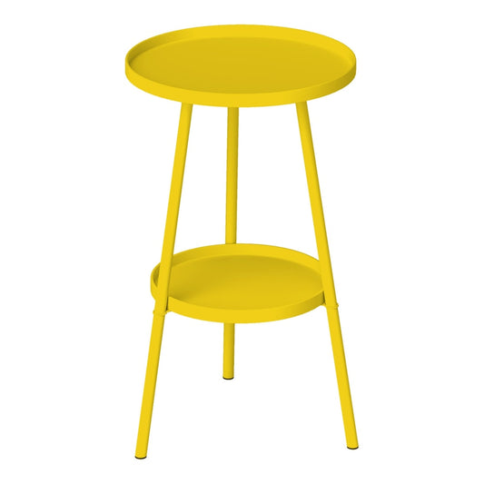 Outsunny Two-Tier Metal Garden Table, a bright yellow round table with two shelves and three legs