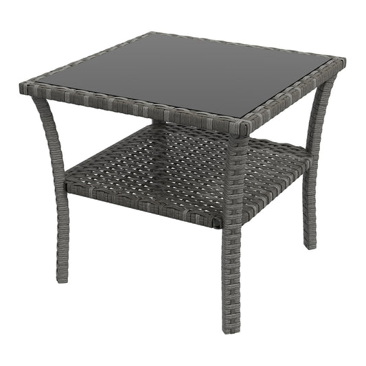 Outsunny Two-tier PE Rattan Square Coffee Table in grey with a glass top