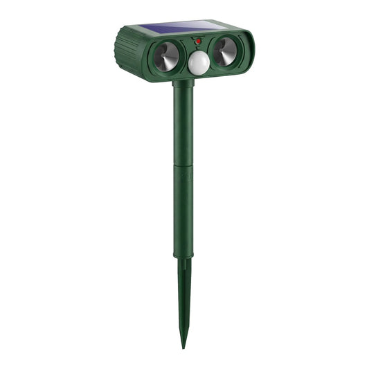 Outsunny Ultrasonic Cat Repellent, a green pest deterrent stake with two speaker holes and a solar panel on top
