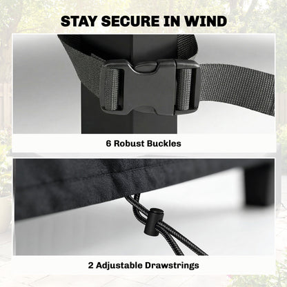 Close-up of the securing straps and drawstrings on the outdoor furniture cover
