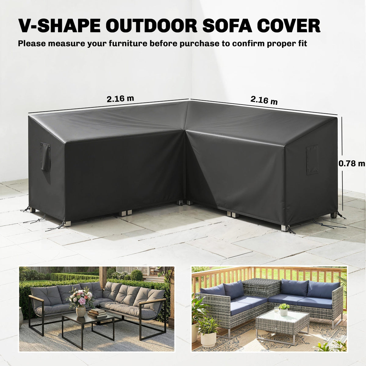 Size diagram showing the dimensions of the V-shaped outdoor sofa cover