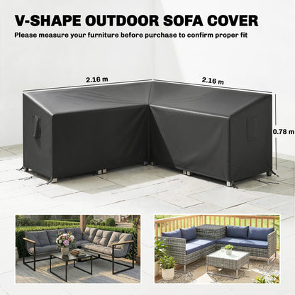 Size diagram showing the dimensions of the V-shaped outdoor sofa cover