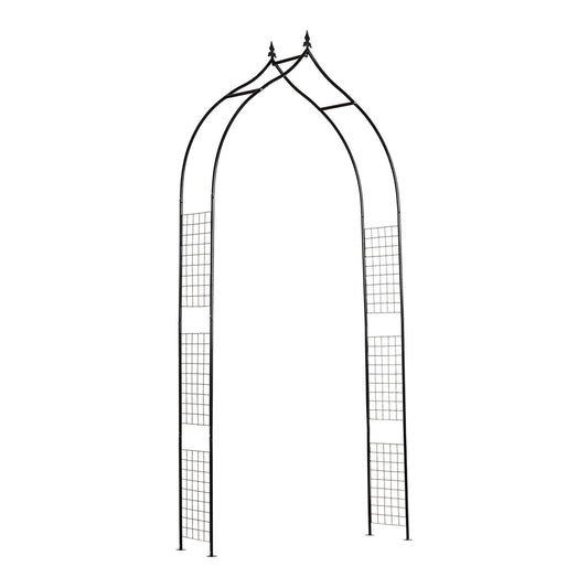 Outsunny Vintage Style Steel Garden Patio Outdoor Arbor & Trellis Arch a tall black metal archway with decorative finials