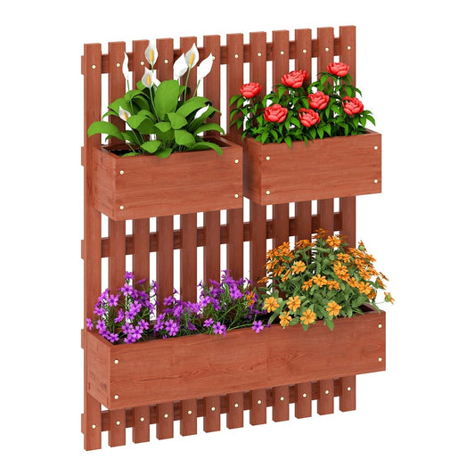Outsunny Wall-mounted Wooden Garden Planters with Trellis, a brown wooden structure with three planter boxes attached