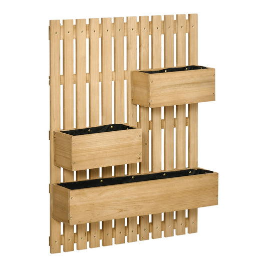Outsunny Wall-mounted Wooden Garden Planters with Trellis, a vertical wooden panel with three boxes attached