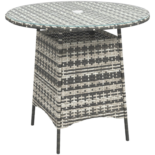 Outsunny Wicker Garden Rattan Table, a round grey rattan coffee table with a glass top and umbrella hole