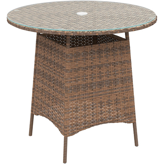 Outsunny Wicker Garden Rattan Table with a round glass top and a central hole for an umbrella