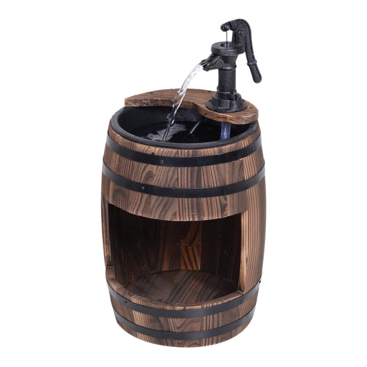 Outsunny Wood Barrel Patio Water Fountain Electric Pump Garden Decorative Ornament with flower planter