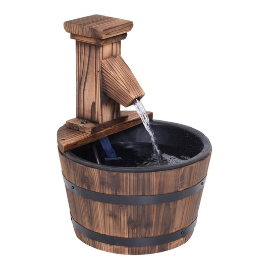 Outsunny Wood Barrel Patio Water Fountain with water flowing from the pump into the wooden basin