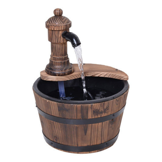 Outsunny Wood Barrel Patio Water Fountain, a decorative garden ornament with a wooden barrel and pump feature