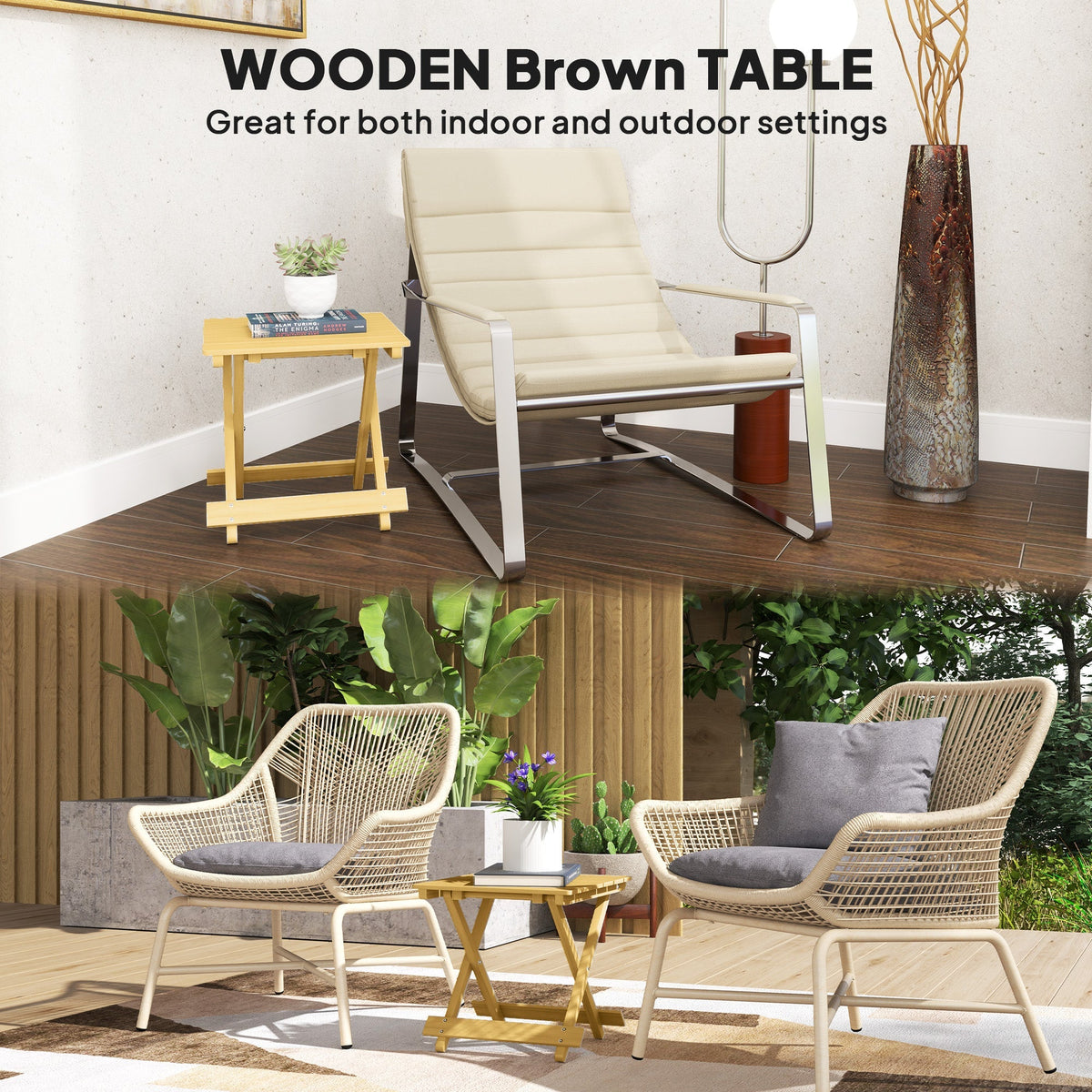The garden table shown in both an indoor living room and an outdoor patio setting