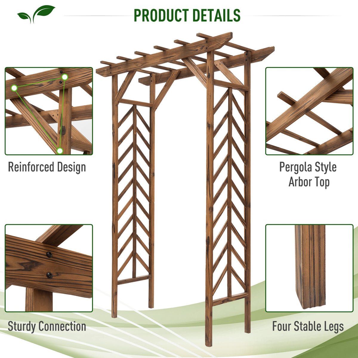 The garden arch with close-up insets highlighting the reinforced design and sturdy connections