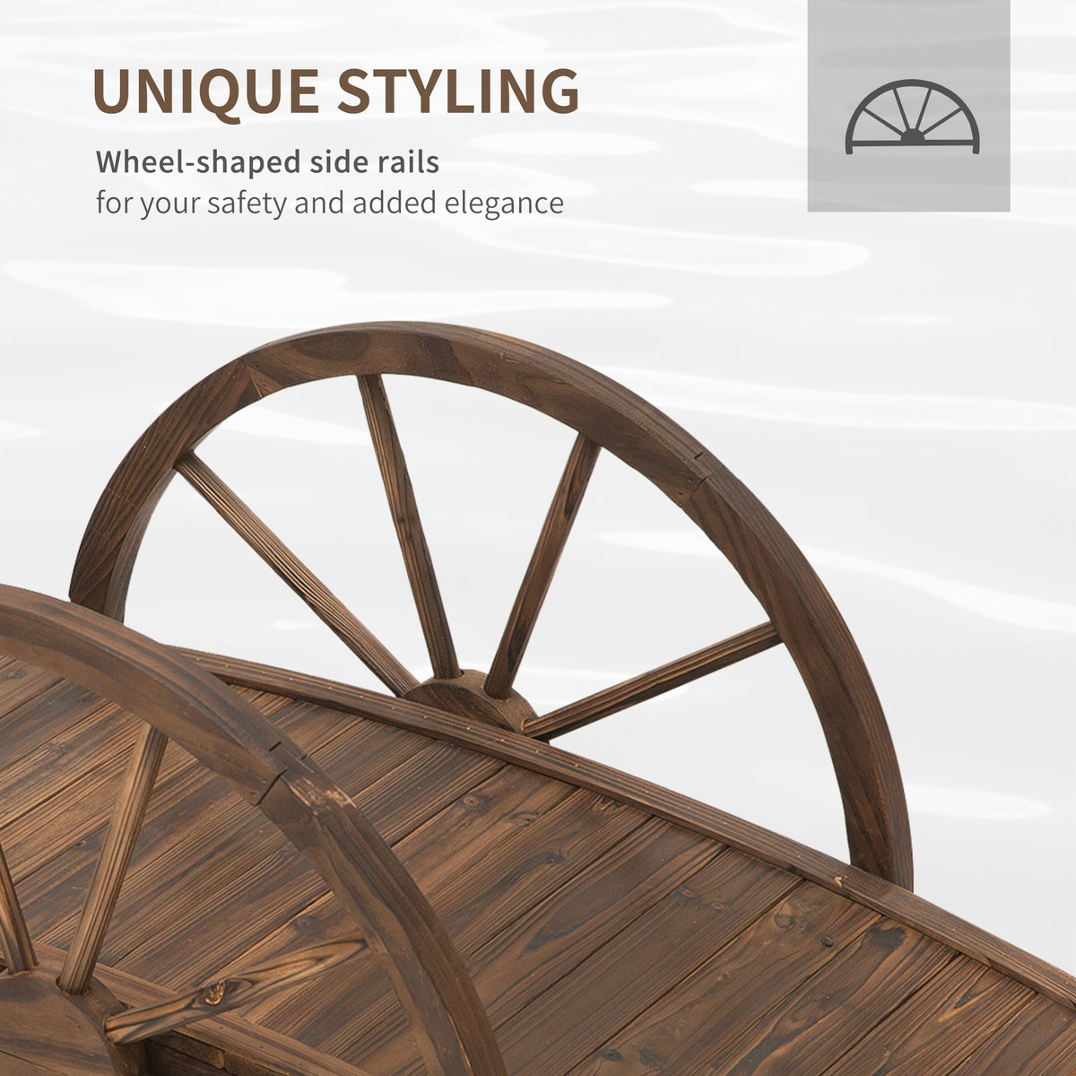 Close-up of the wheel-shaped railings on the wooden garden bridge